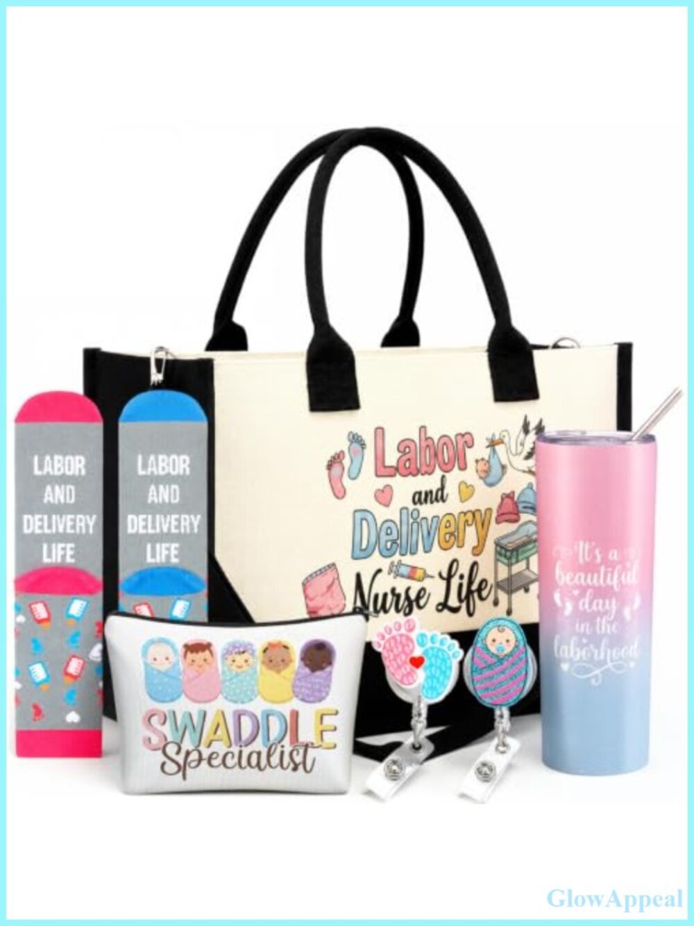 6 Pc Labor Delivery Nurse Gift Set Canvas Tote Cosmetic Bag Travel Mug